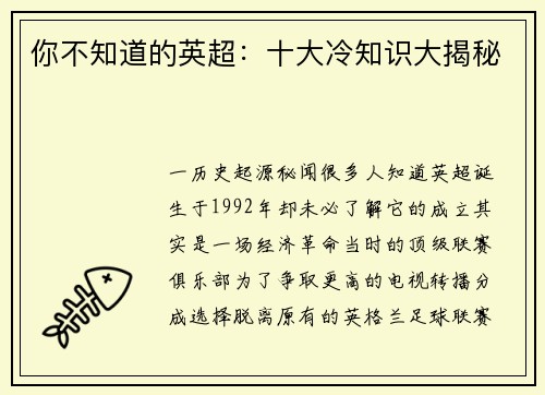 你不知道的英超：十大冷知识大揭秘